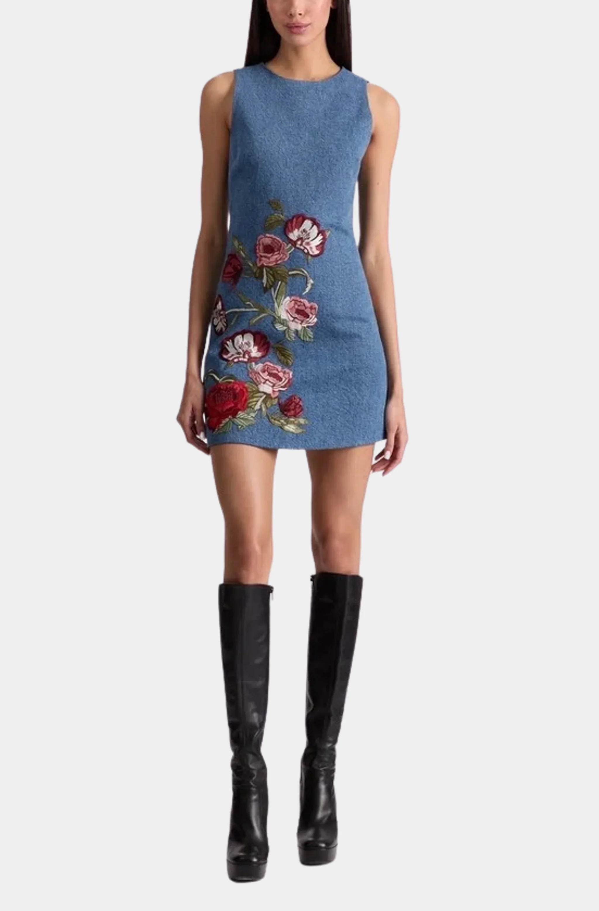 Cade Embroidered Sleeveless Shift Denim Mini Dress
